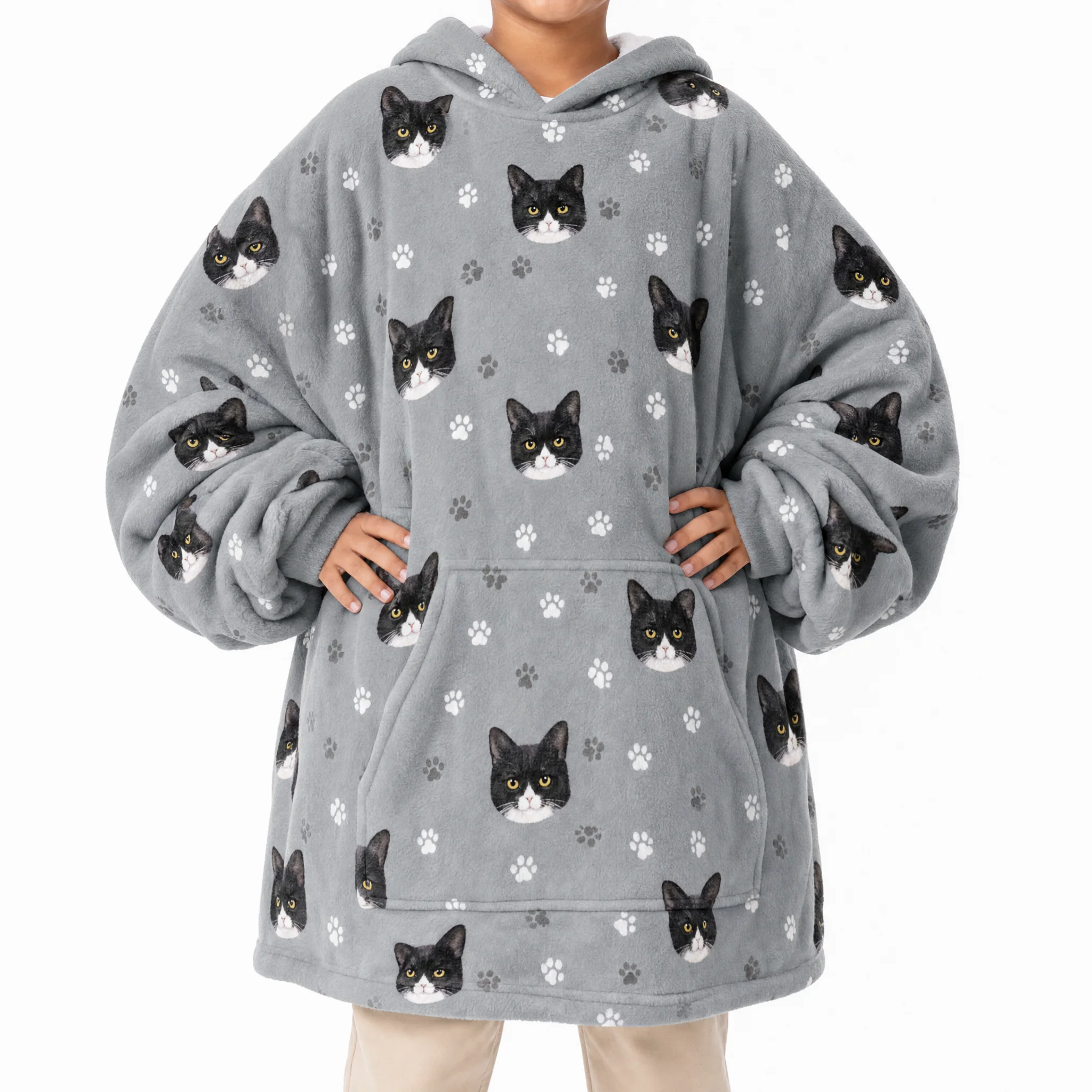 Kids Custom Pet Face Fleece Blanket Hoodie - Slate Gray Paws - Image 2