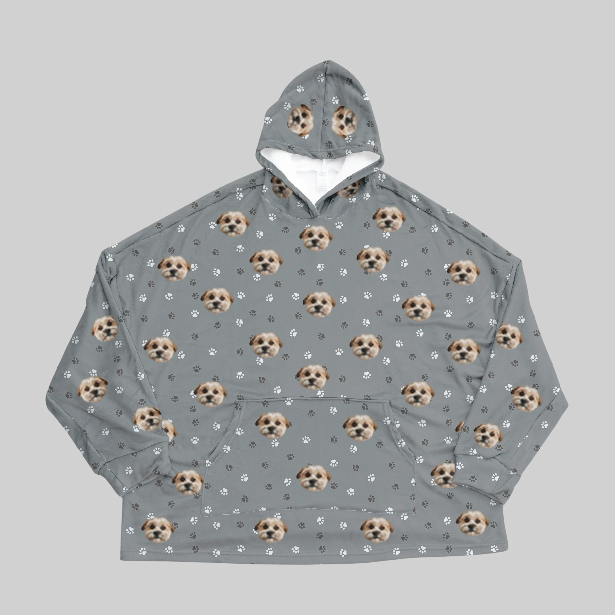 Kids Custom Pet Face Fleece Blanket Hoodie - Slate Gray Paws - Image 4