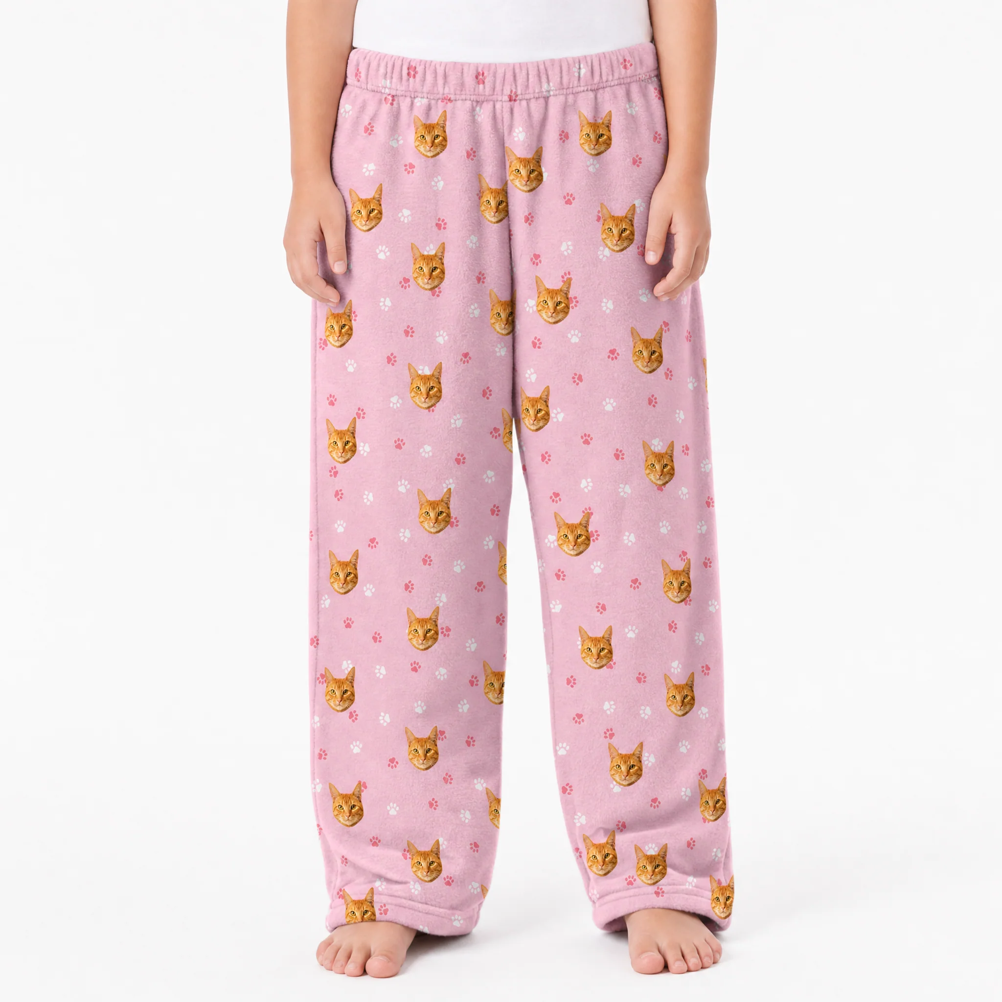 Kids Custom Pet Face Fleece Pajama Pants - Light Pink Paws - Image 2