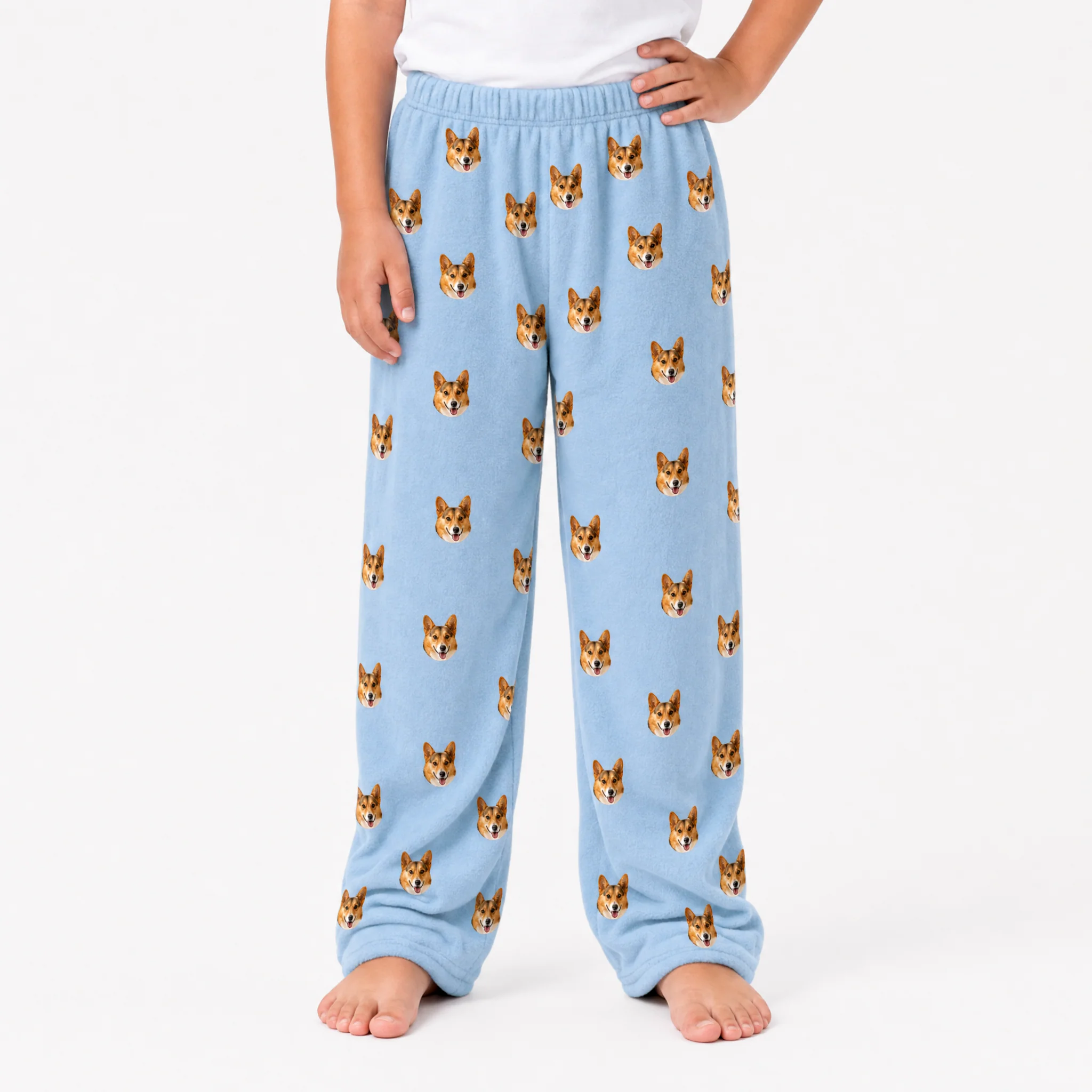 Kids Custom Pet Face Fleece Pajama Pants - Sky Blue - Image 2