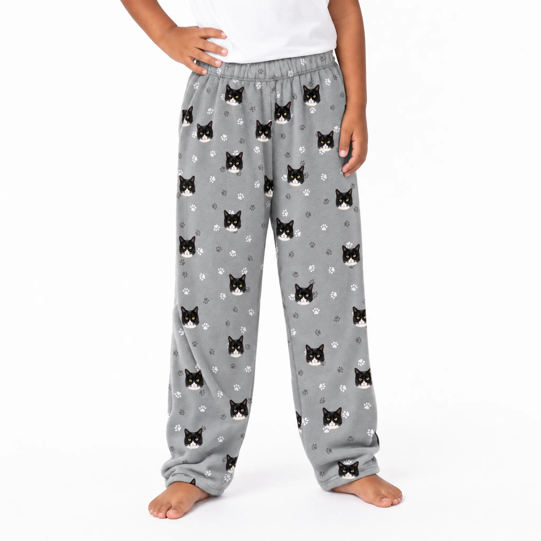 Kids Custom Pet Face Fleece Pajama Pants - Slate Gray Paws - Image 2