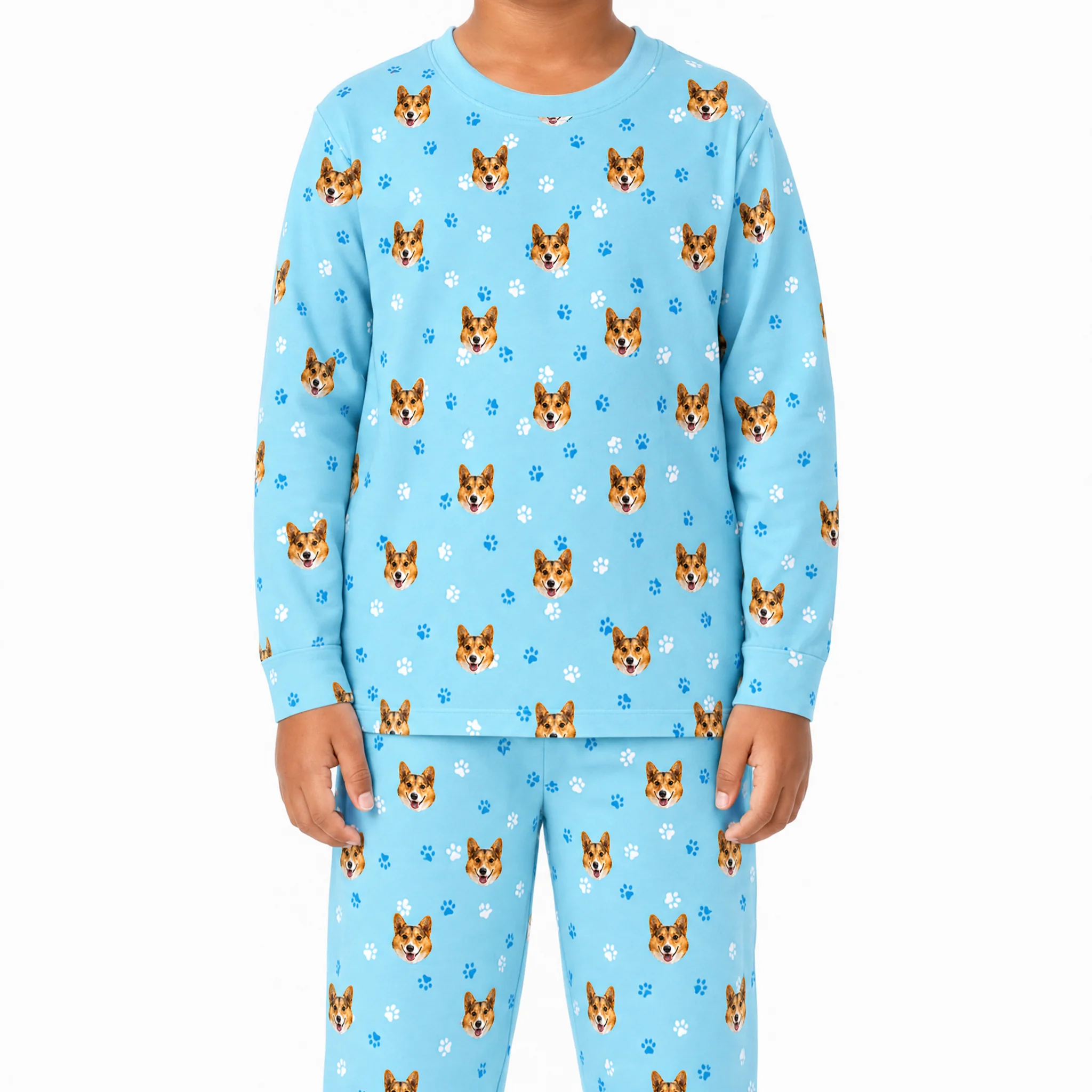 Kids Custom Pet Face Jogger Pajamas - Light Blue Paws - Image 2