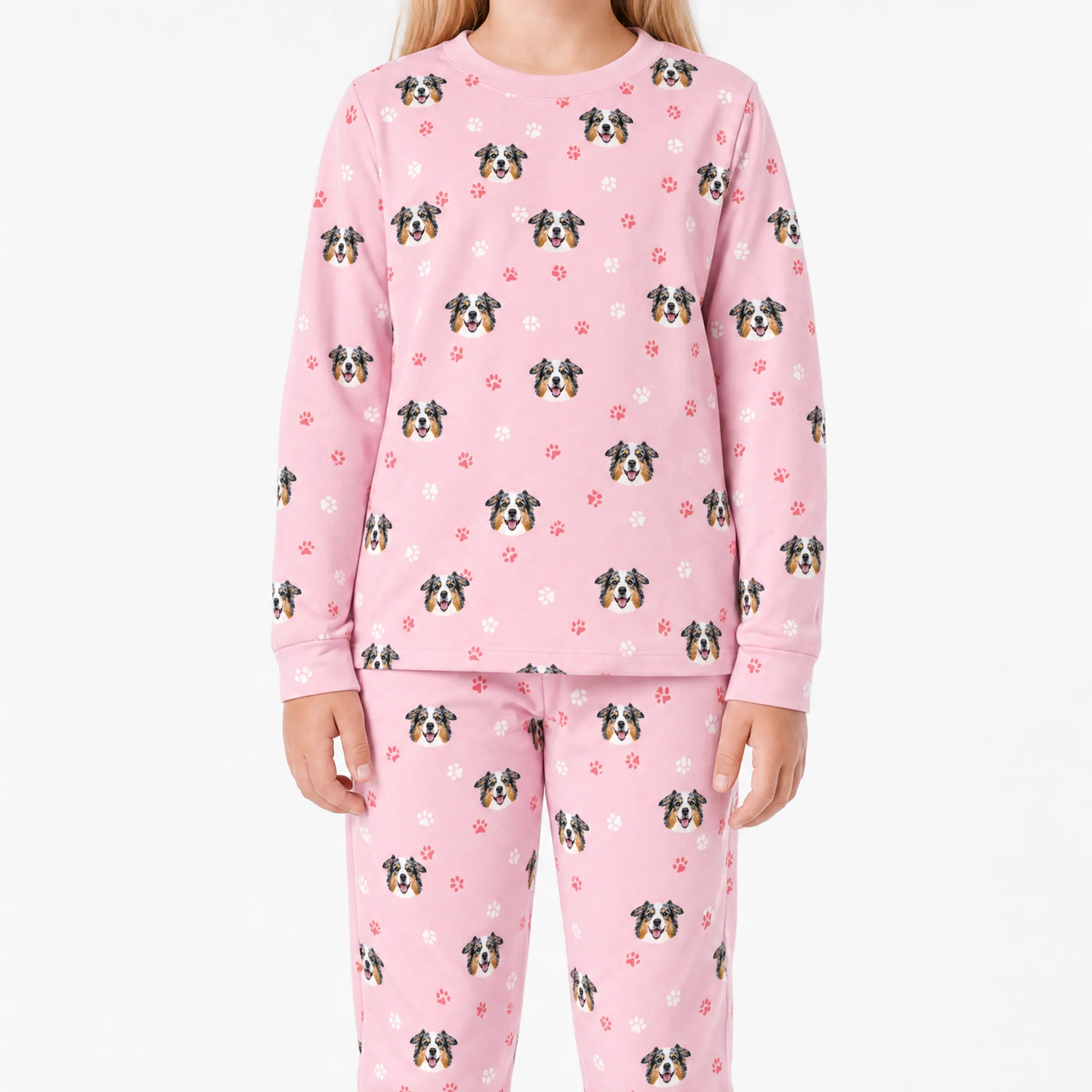 Kids Custom Pet Face Jogger Pajamas - Light Pink Paws - Image 2