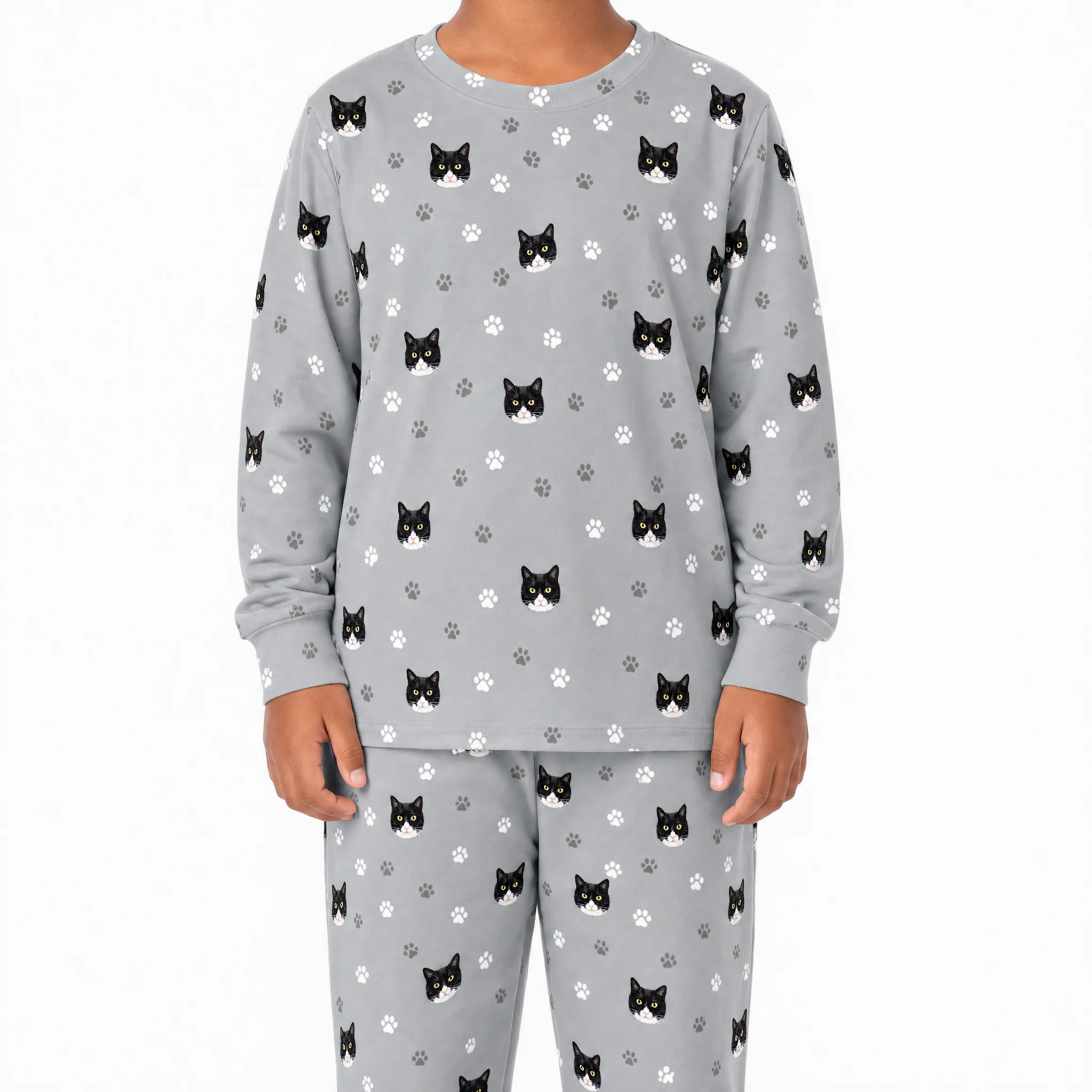 Kids Custom Pet Face Jogger Pajamas - Slate Gray Paws - Image 2