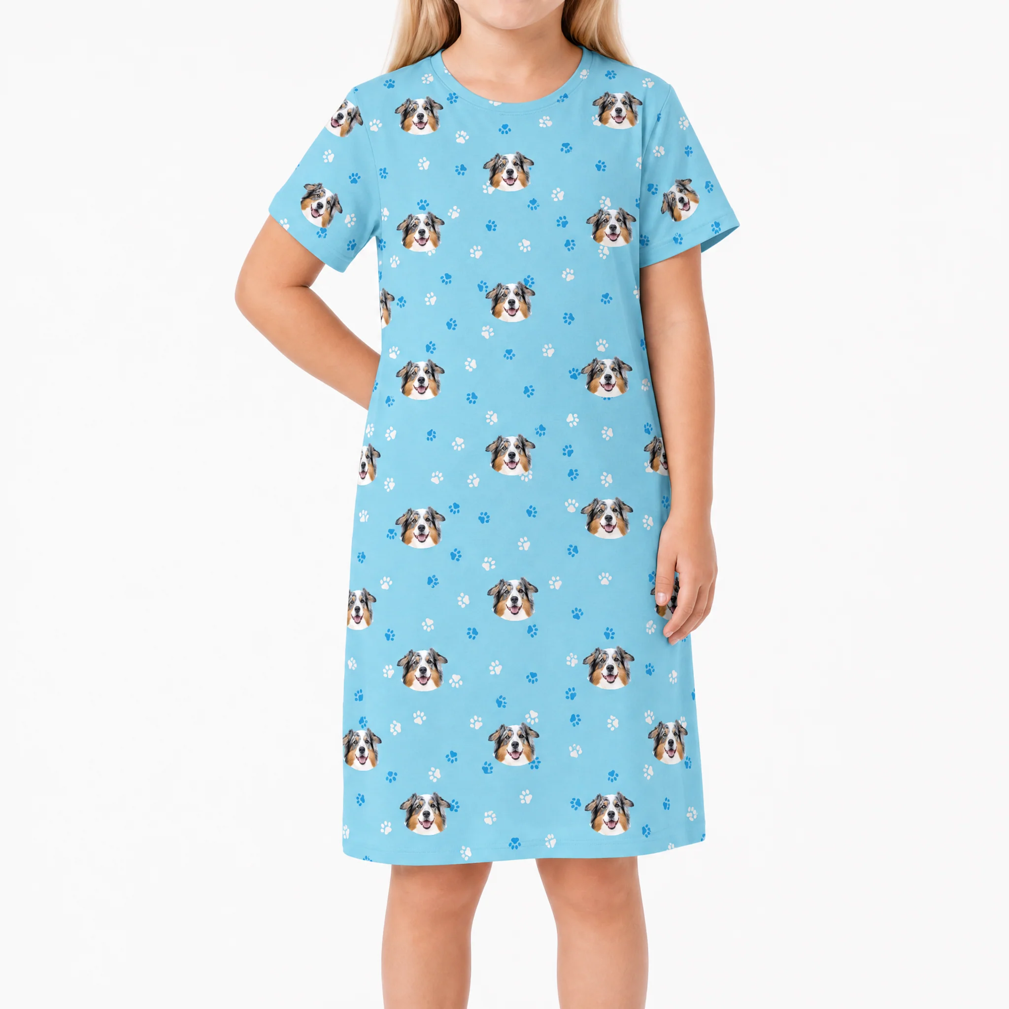 Kids Custom Pet Face Nightgowns - Light Blue Paws - Image 2