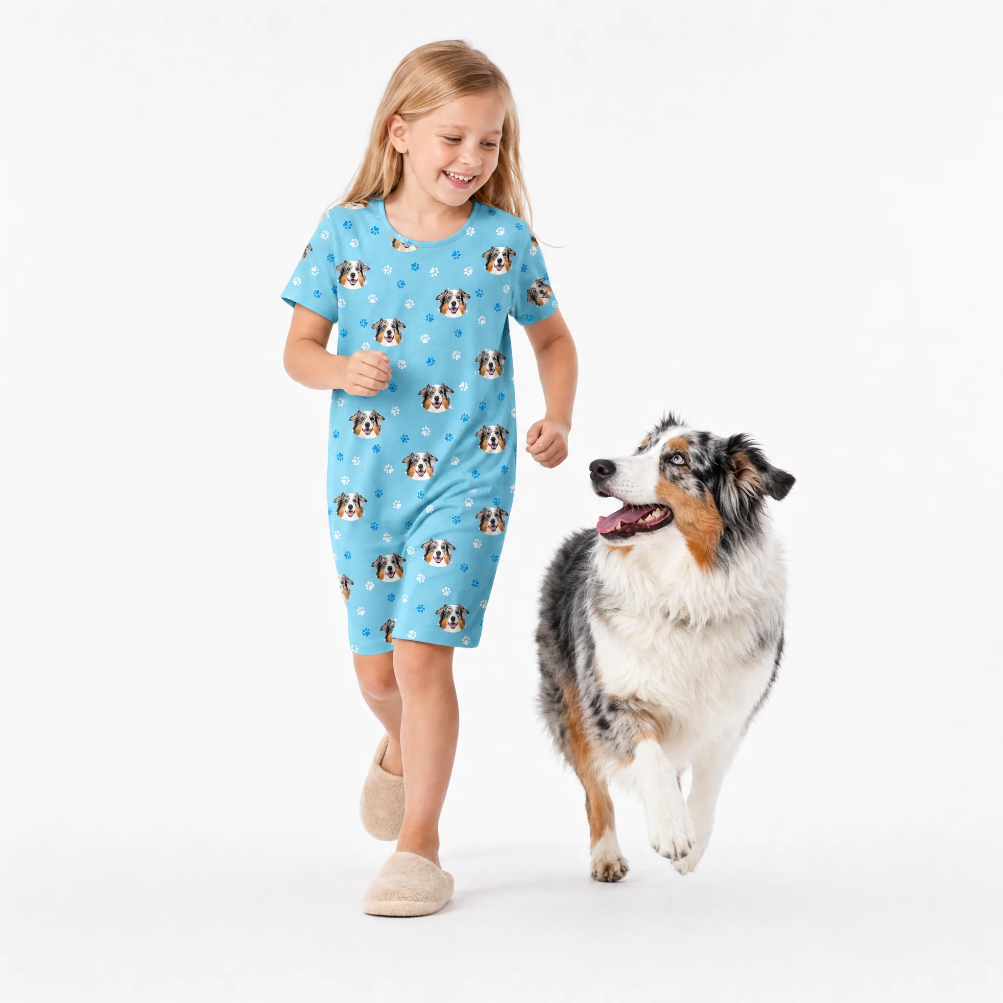 Kids Custom Pet Face Nightgowns - Light Blue Paws - Image 3