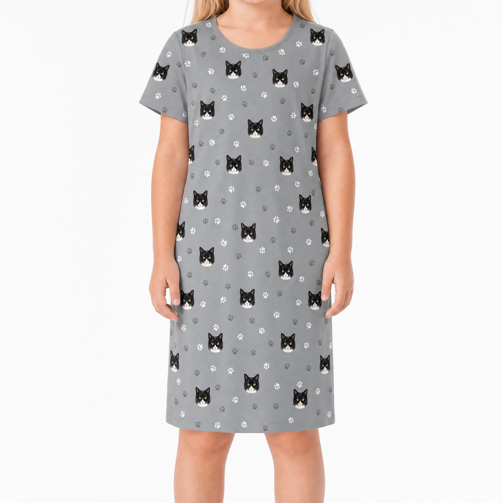 Kids Custom Pet Face Nightgowns - Slate Gray Paws - Image 2