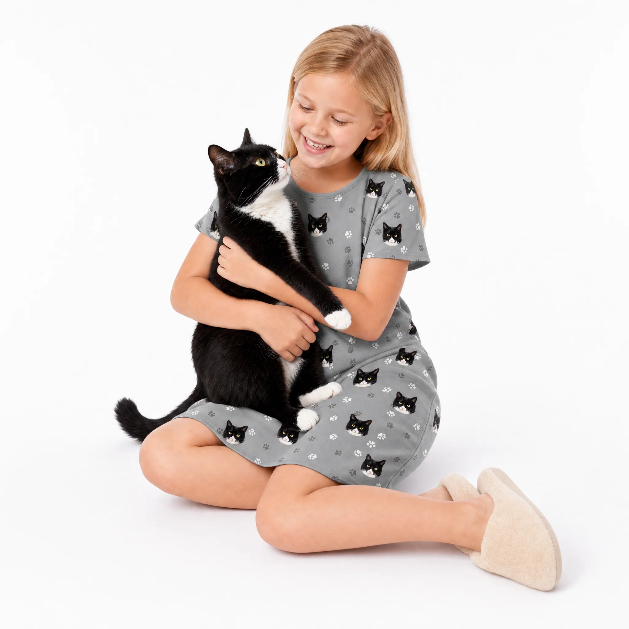 Kids Custom Pet Face Nightgowns - Slate Gray Paws - Image 3