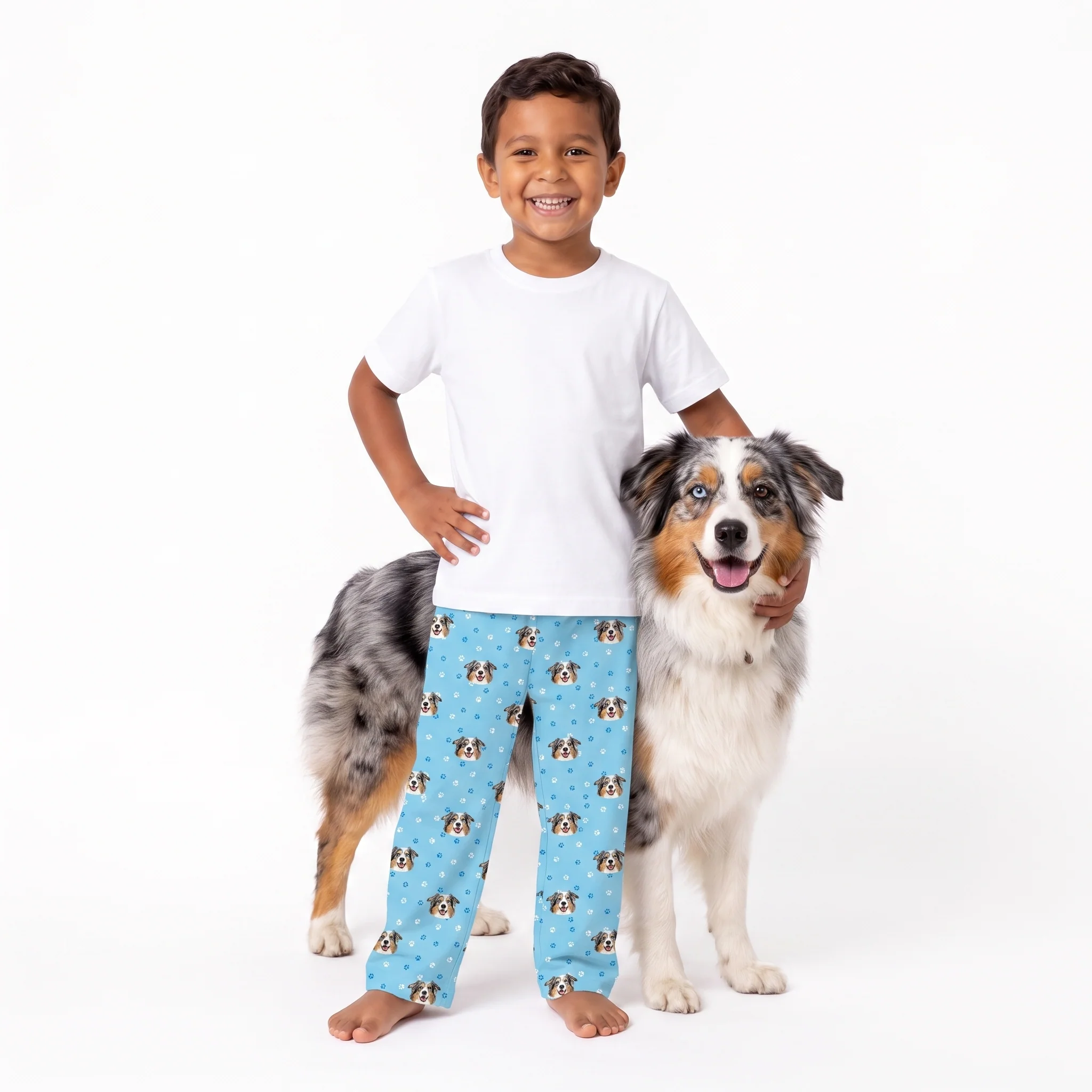 Kids Custom Pet Face Pajama Pants - Light Blue Paws