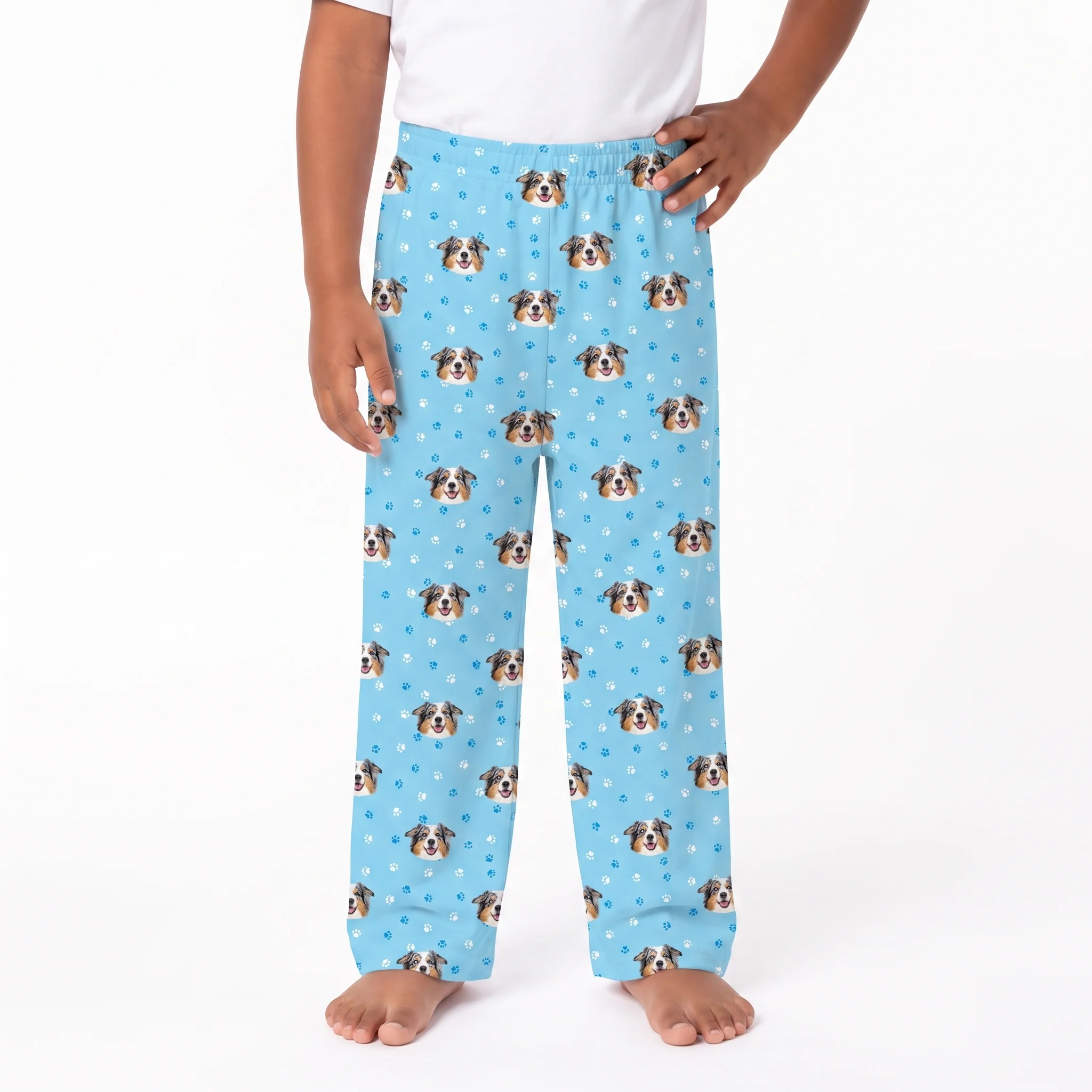 Kids Custom Pet Face Pajama Pants - Light Blue Paws - Image 2