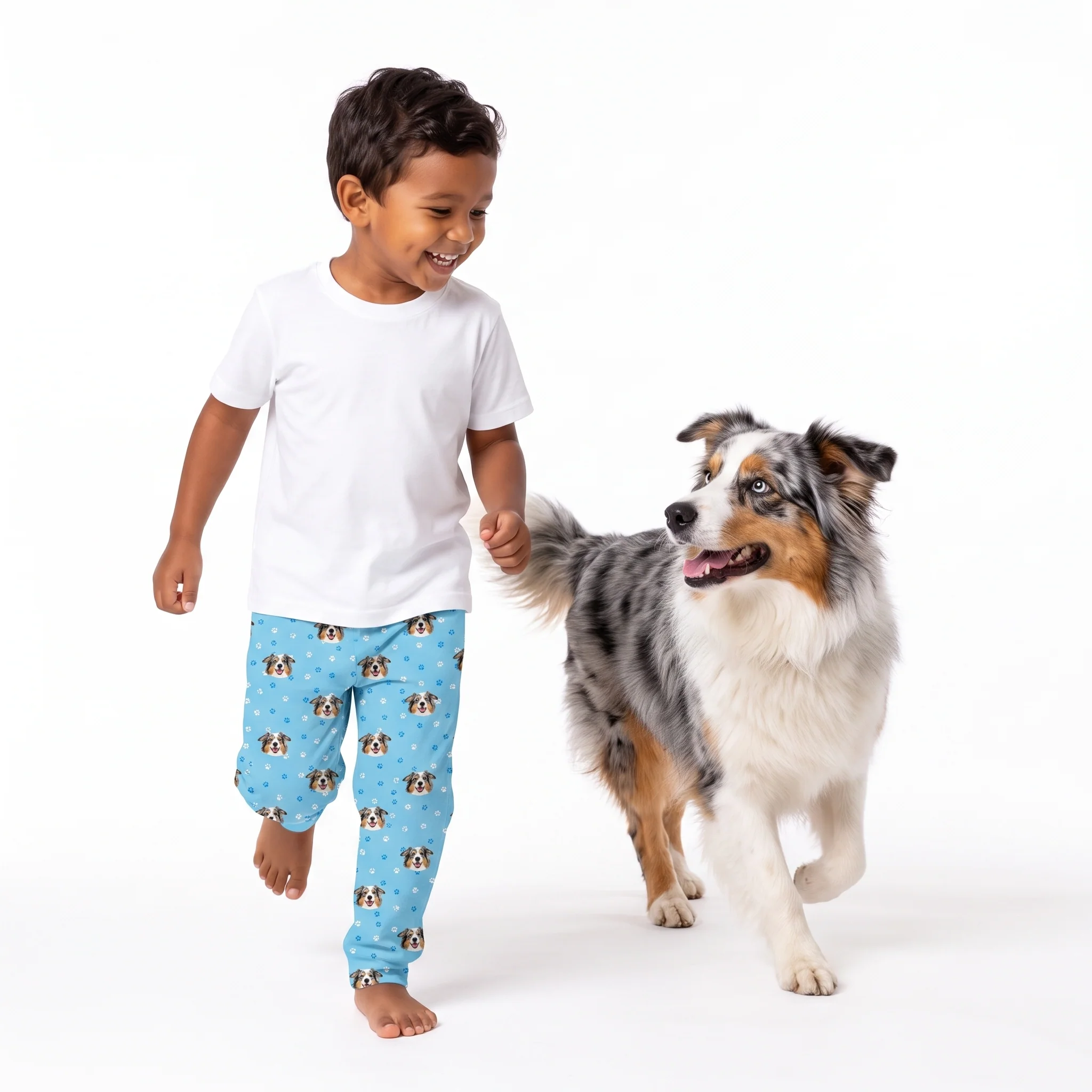 Kids Custom Pet Face Pajama Pants - Light Blue Paws - Image 3