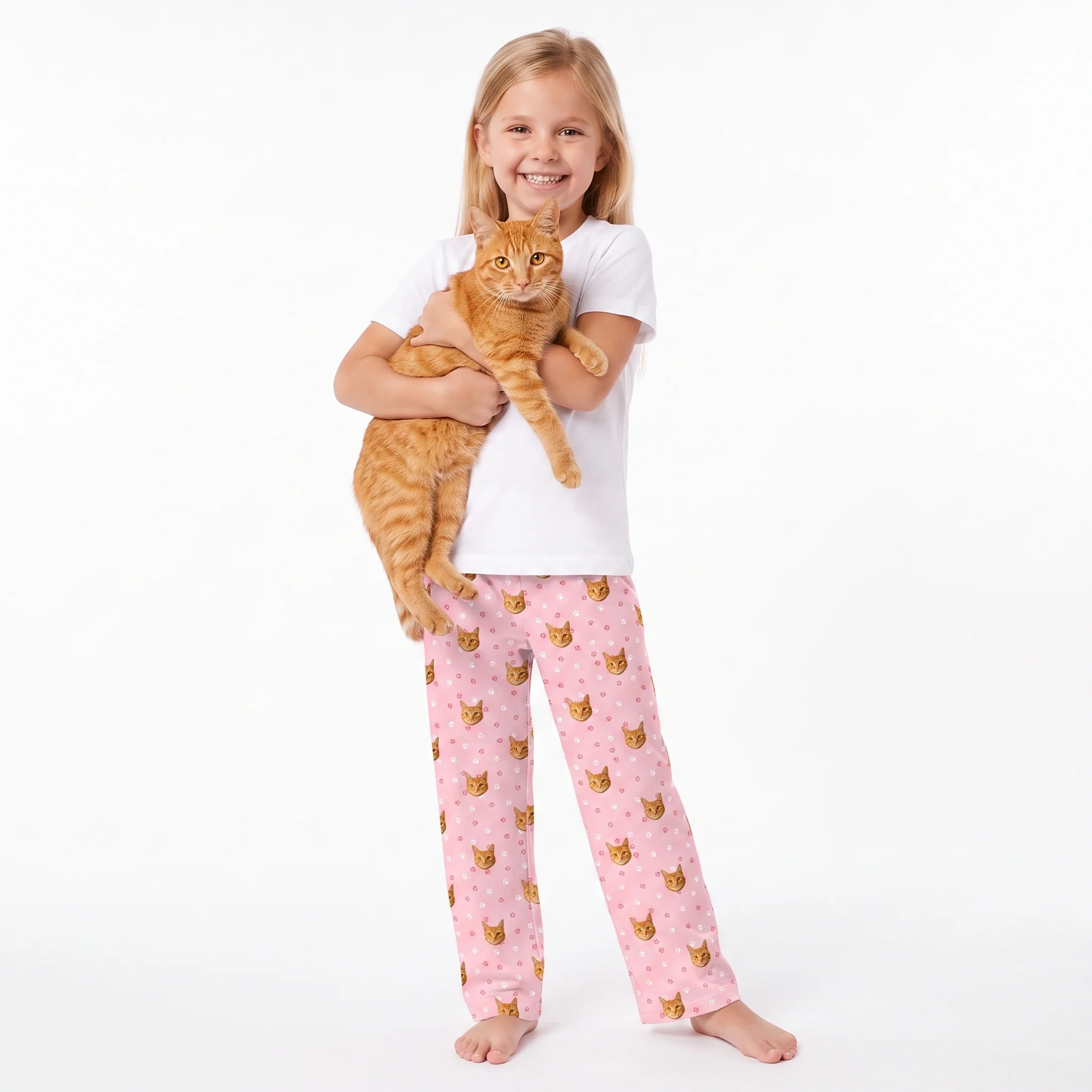 Kids Custom Pet Face Pajama Pants - Light Pink Paws