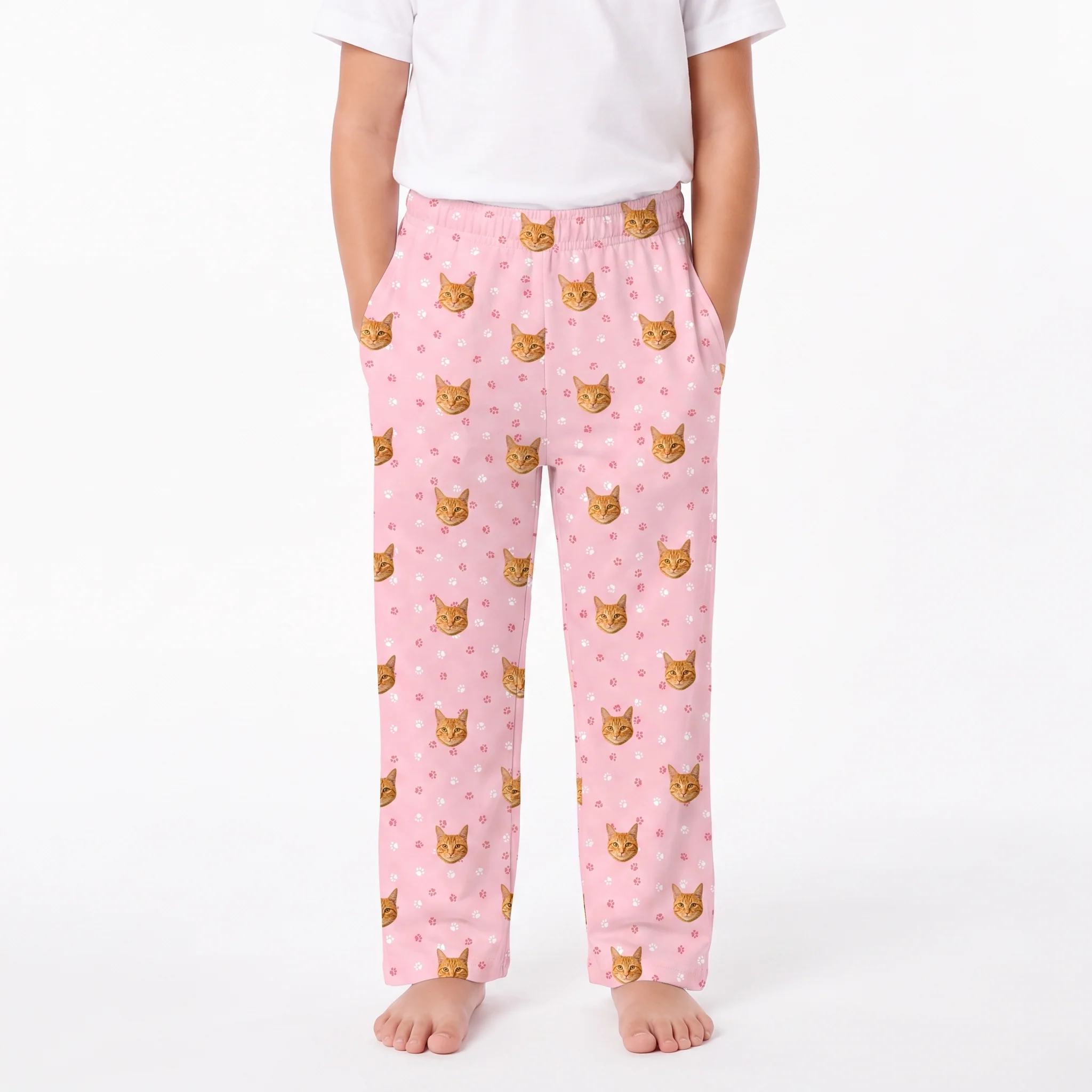 Kids Custom Pet Face Pajama Pants - Light Pink Paws - Image 2