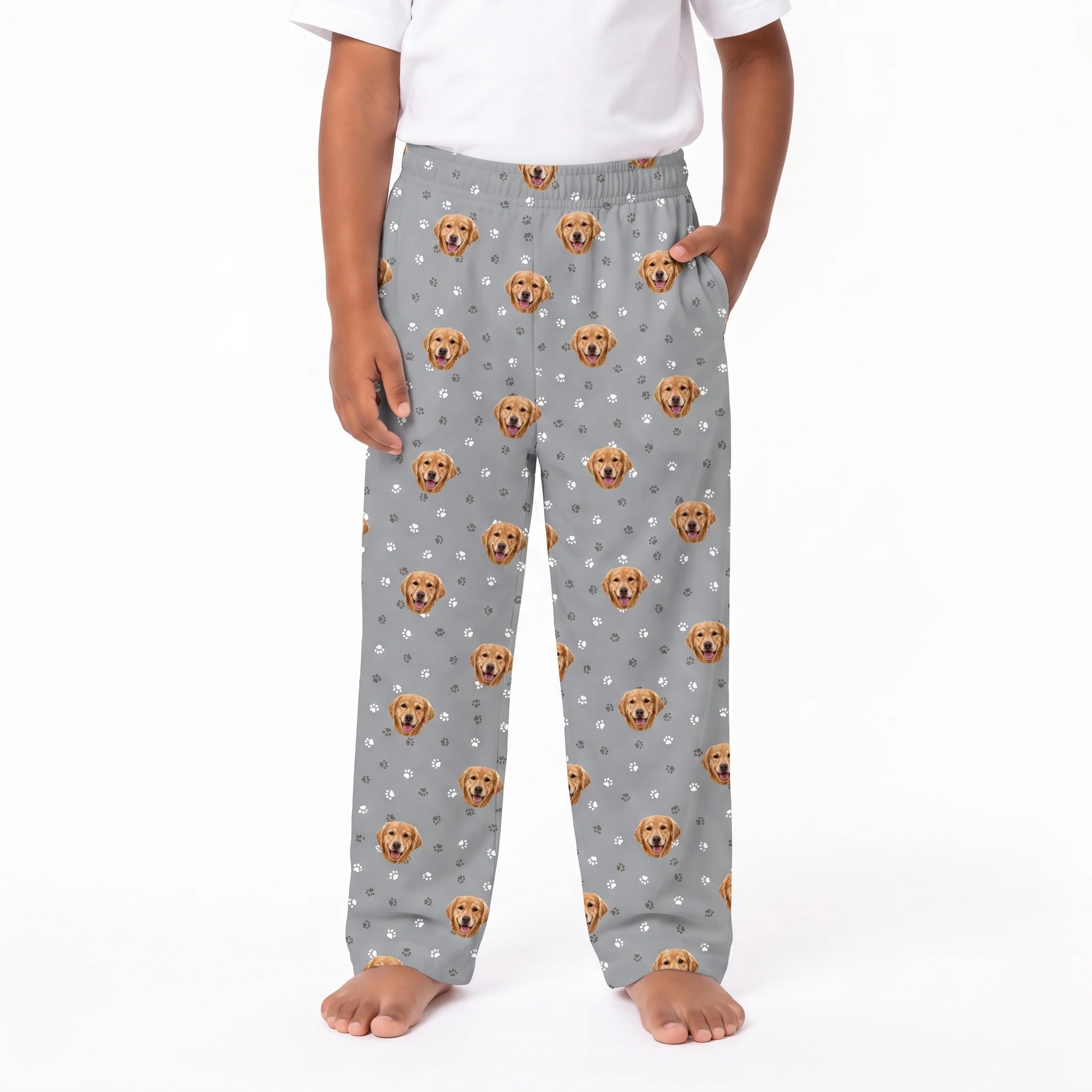 Kids Custom Pet Face Pajama Pants - Slate Gray Paws - Image 2