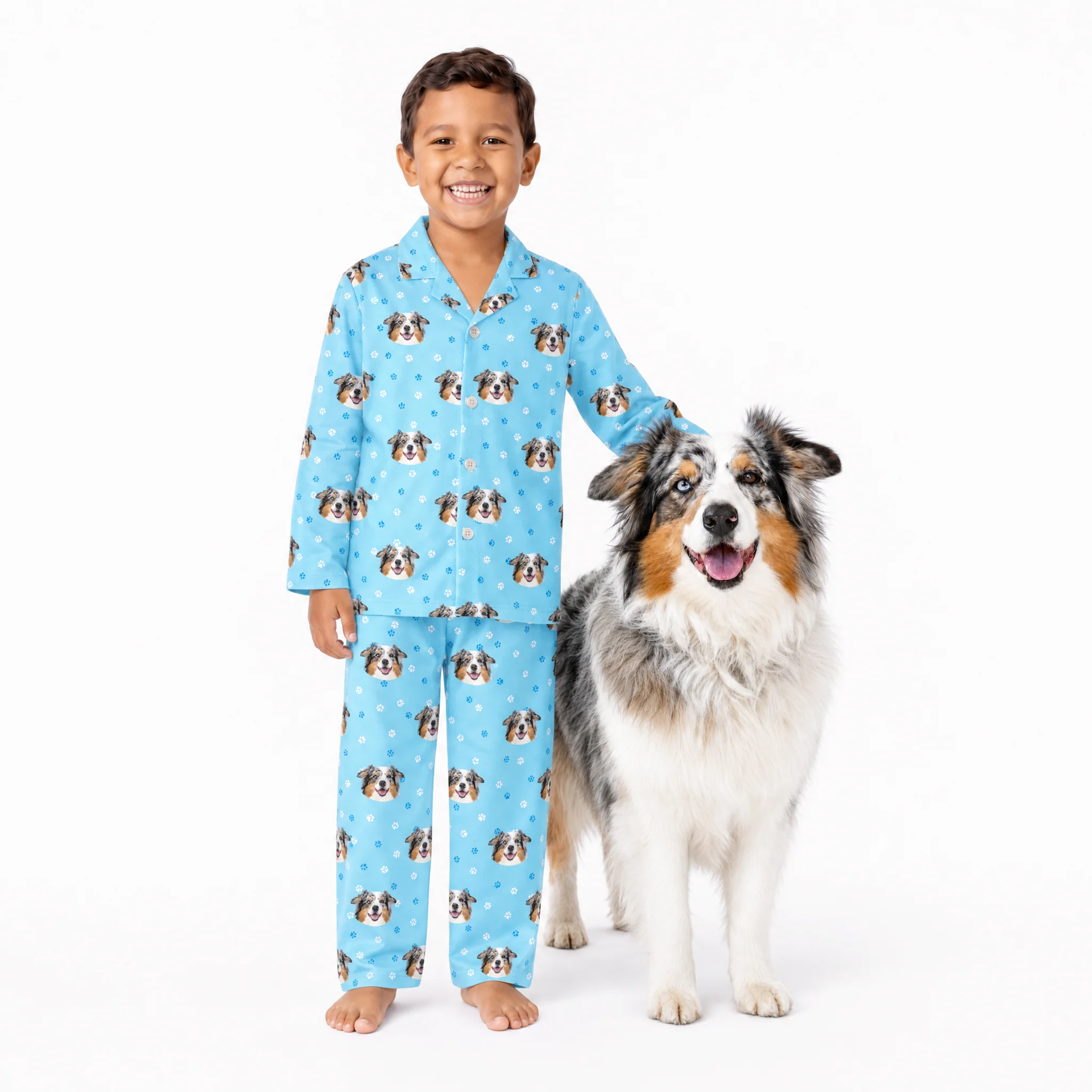 Kids Custom Pet Face Pajamas - Light Blue Paws
