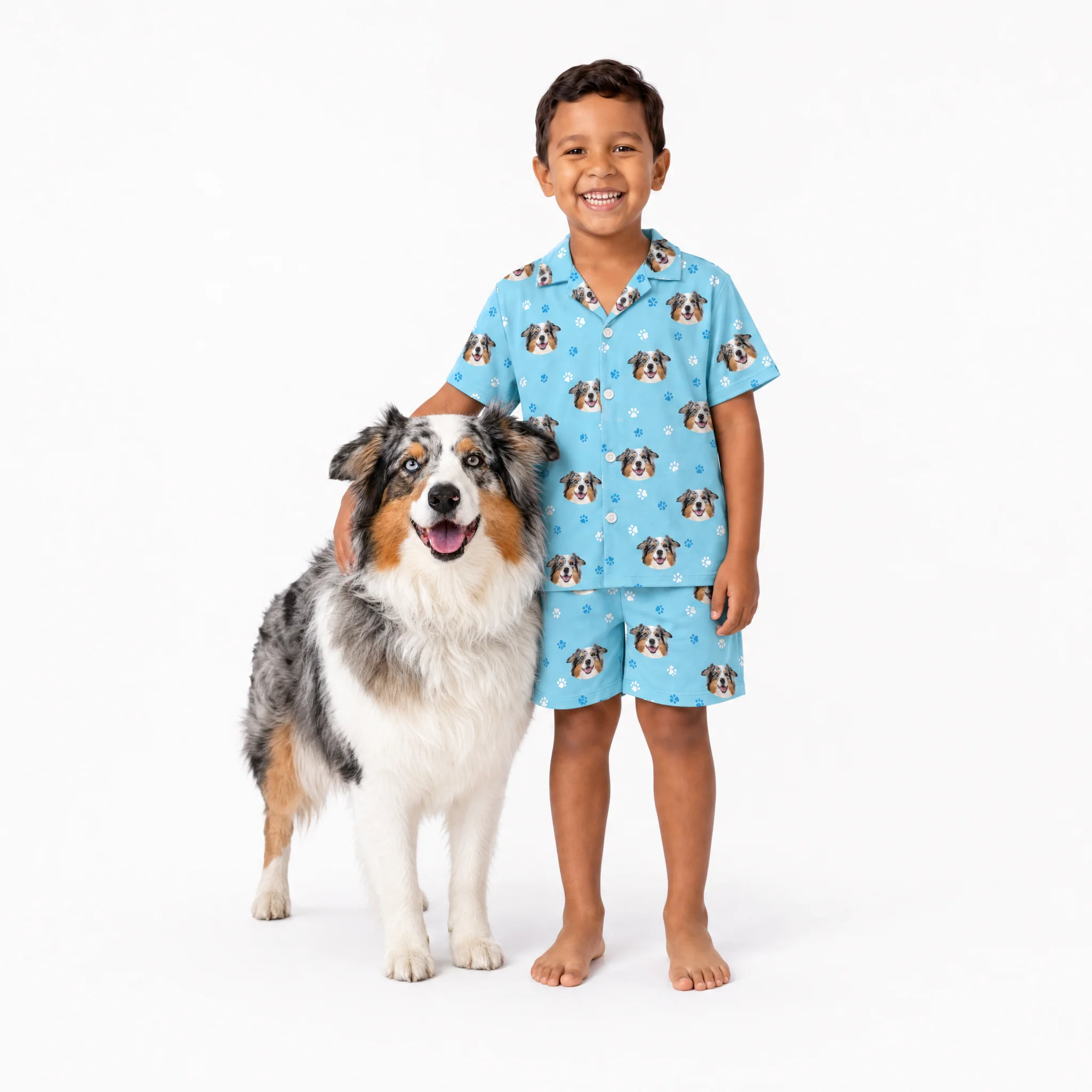 Kids Custom Pet Face Pajamas - Light Blue Paws - Image 2