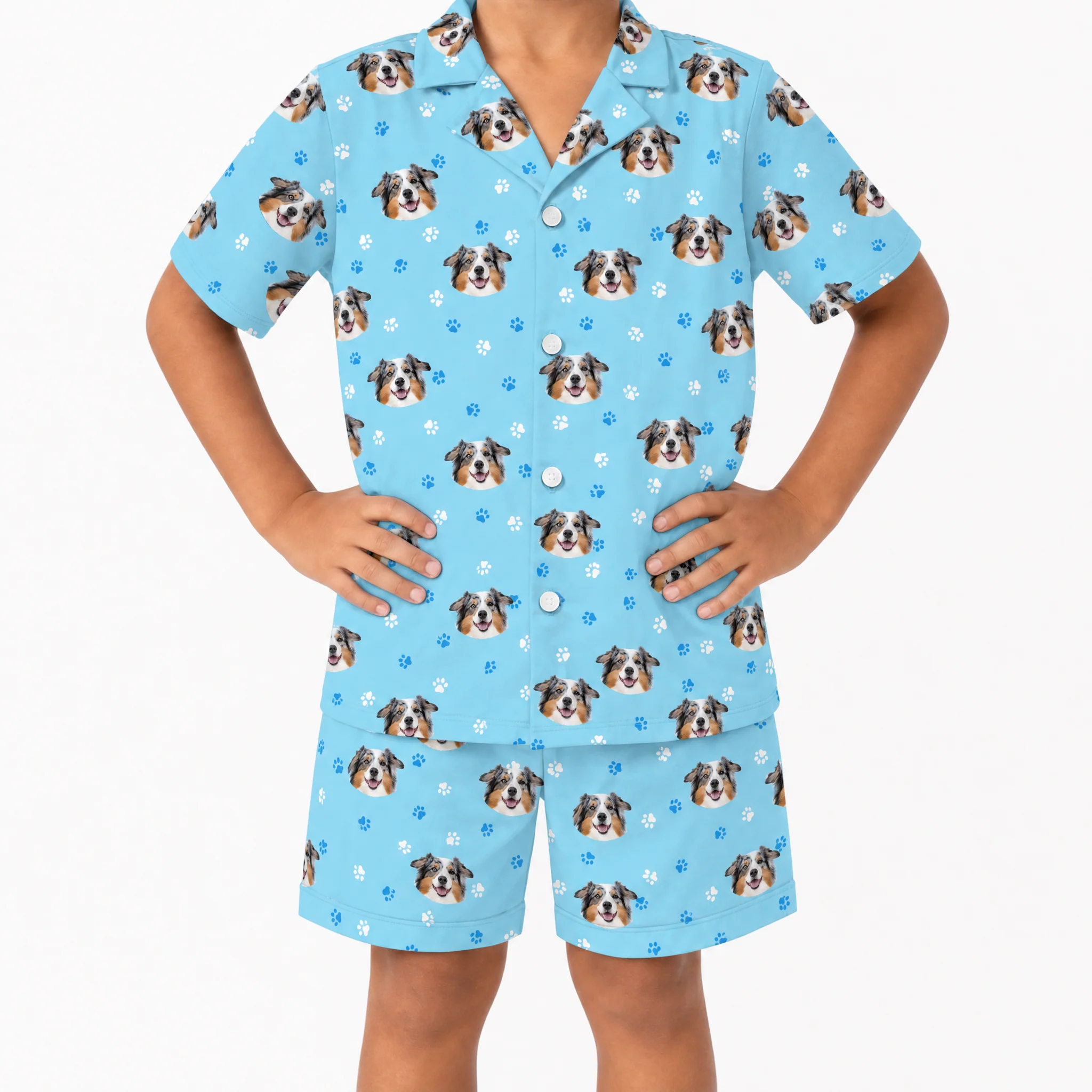 Kids Custom Pet Face Pajamas - Light Blue Paws - Image 3