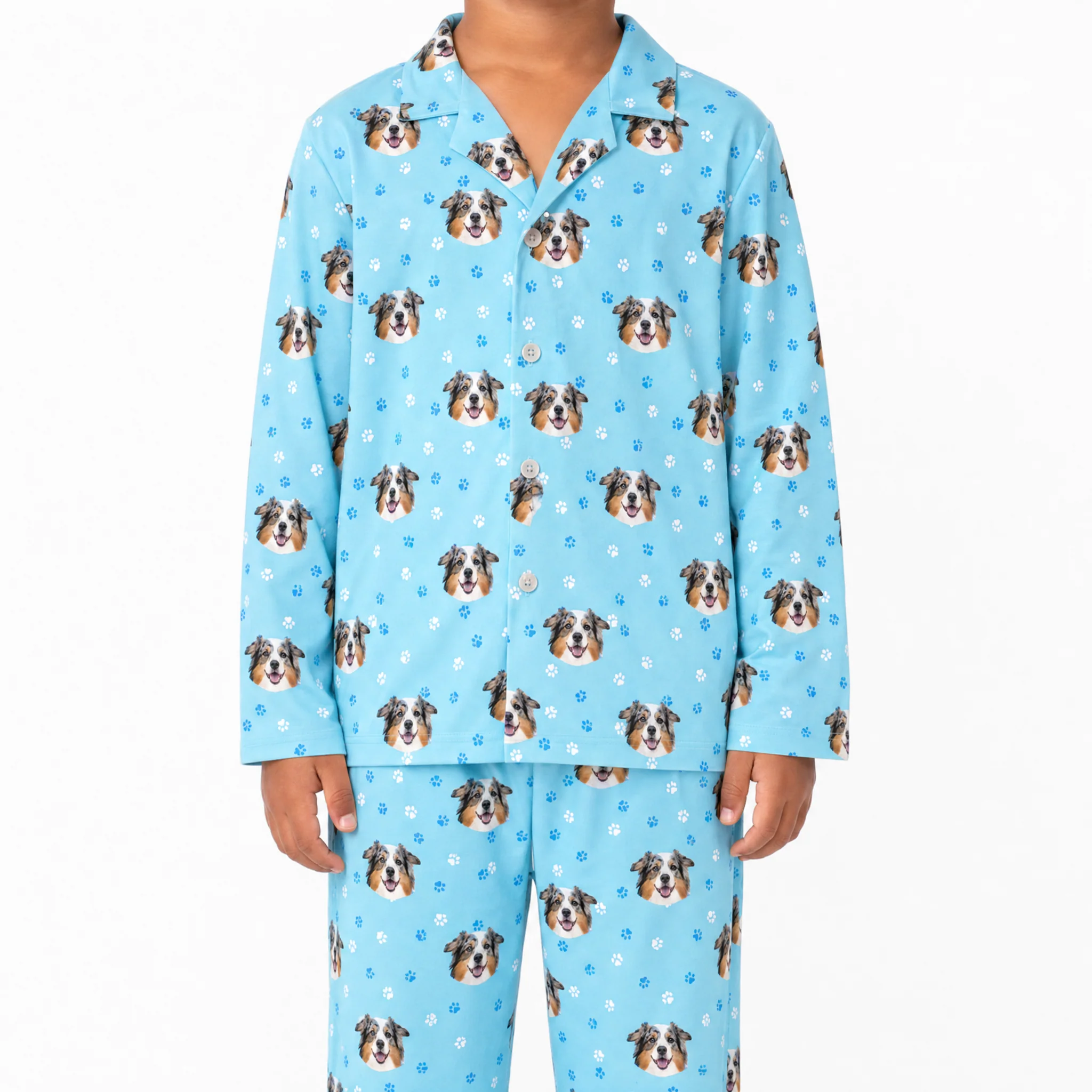 Kids Custom Pet Face Pajamas - Light Blue Paws - Image 4