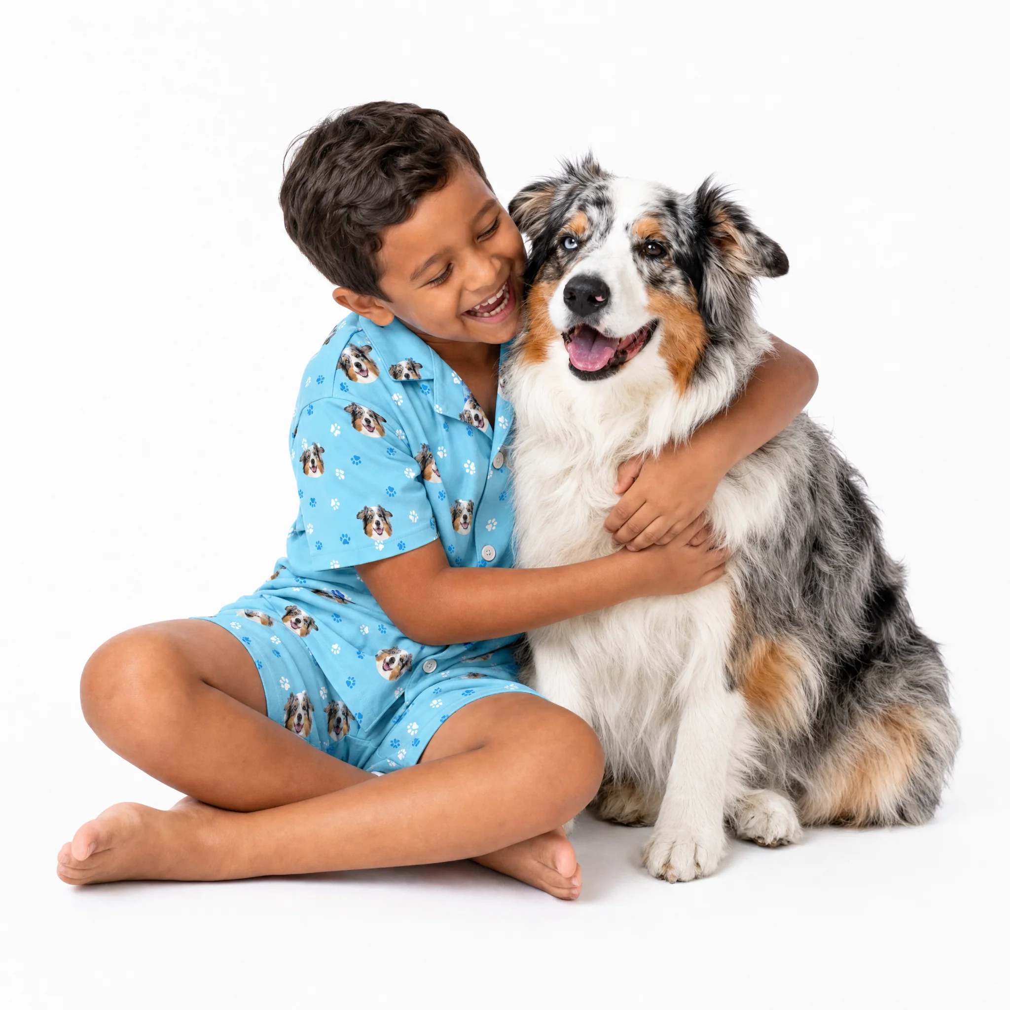 Kids Custom Pet Face Pajamas - Light Blue Paws - Image 5
