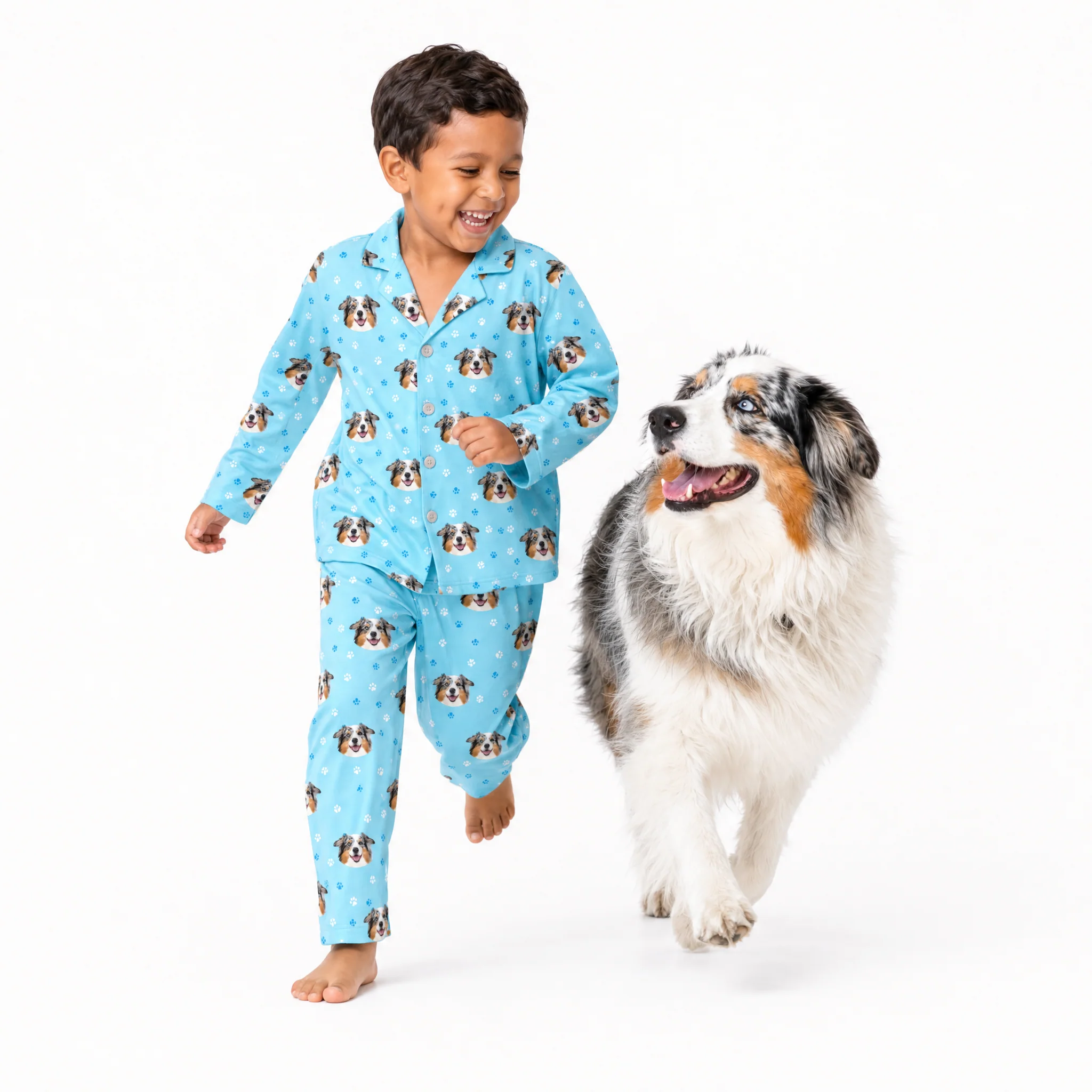 Kids Custom Pet Face Pajamas - Light Blue Paws - Image 6
