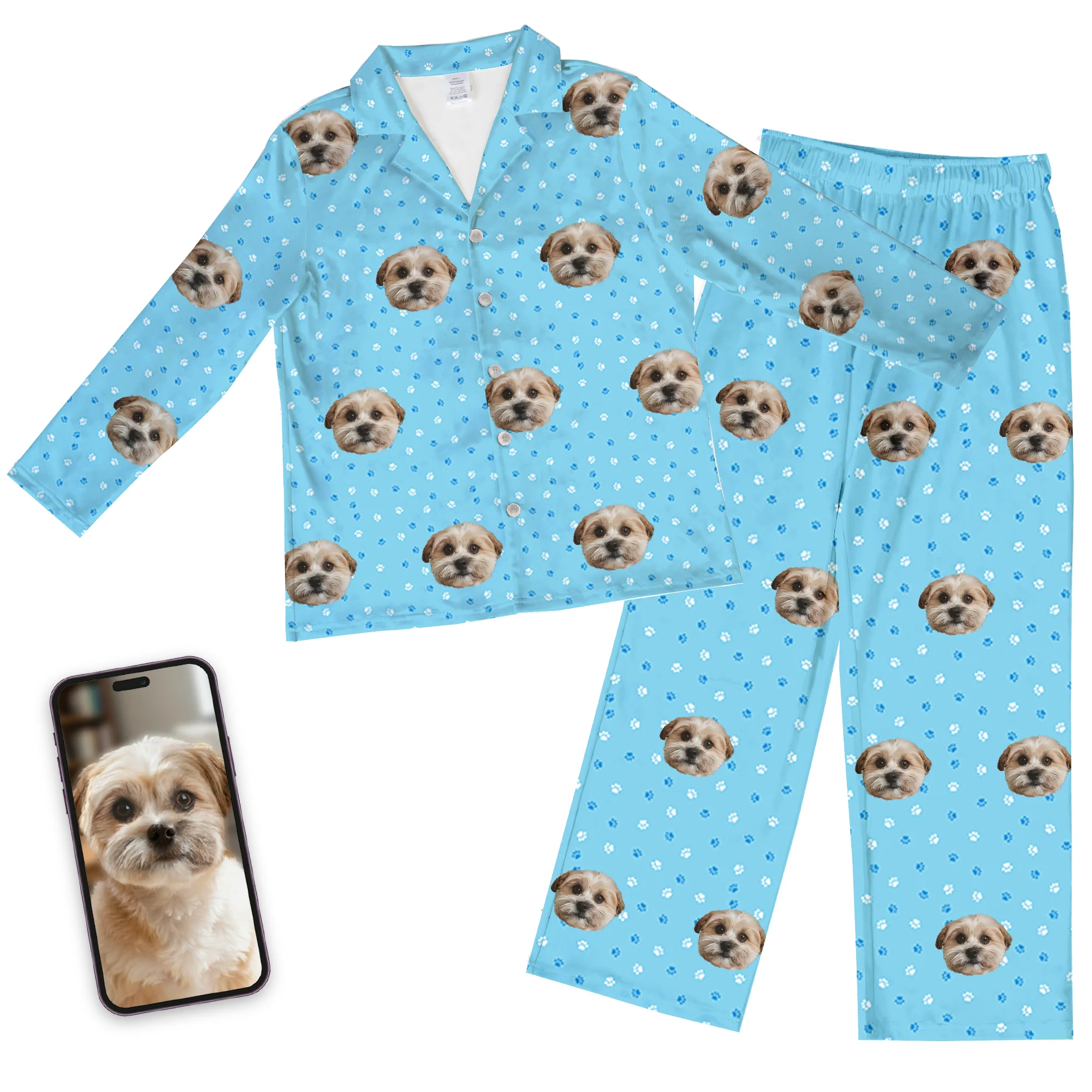 Kids Custom Pet Face Pajamas - Light Blue Paws - Image 7
