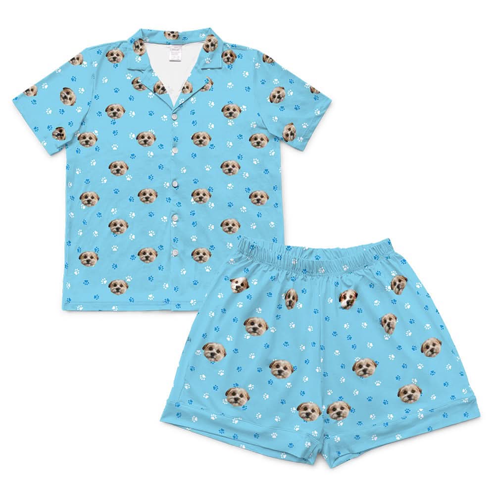 Kids Custom Pet Face Pajamas - Light Blue Paws - Image 9