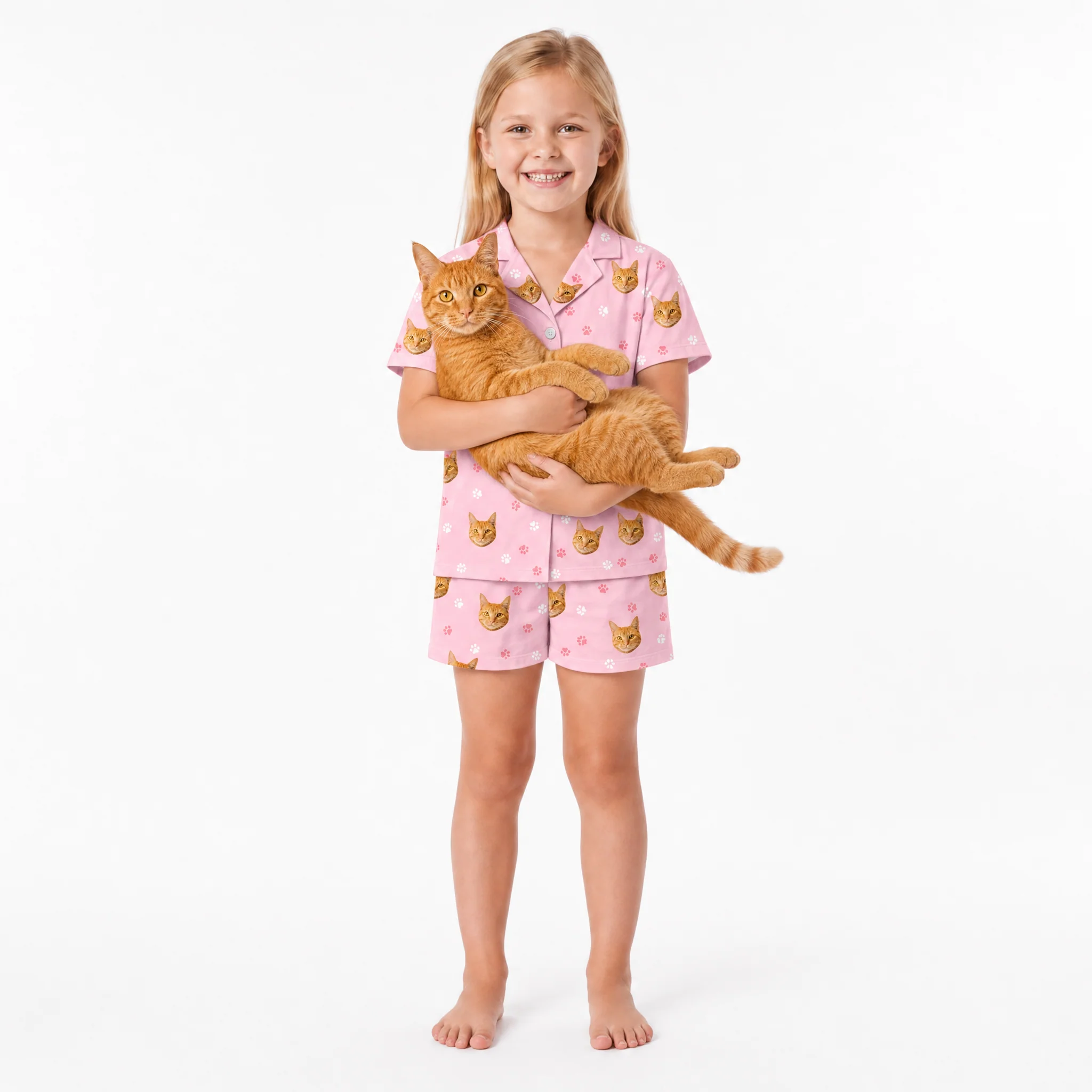Kids Custom Pet Face Pajamas - Light Pink Paws