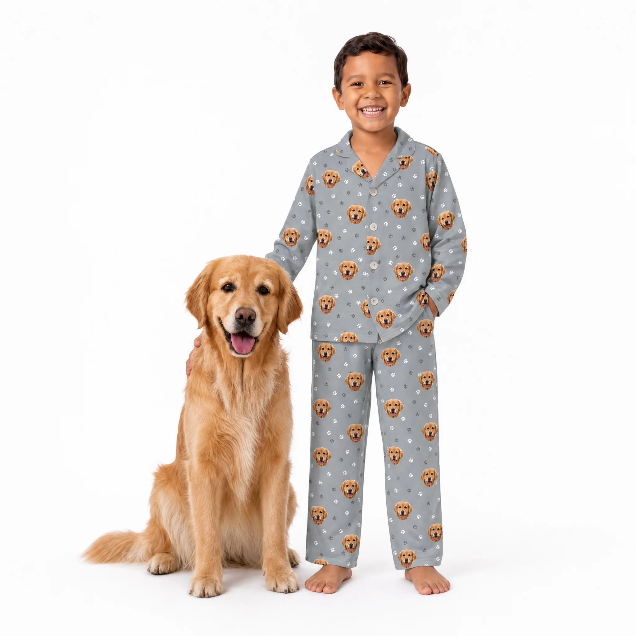 Kids Custom Pet Face Pajamas - Slate Gray Paws - Image 2