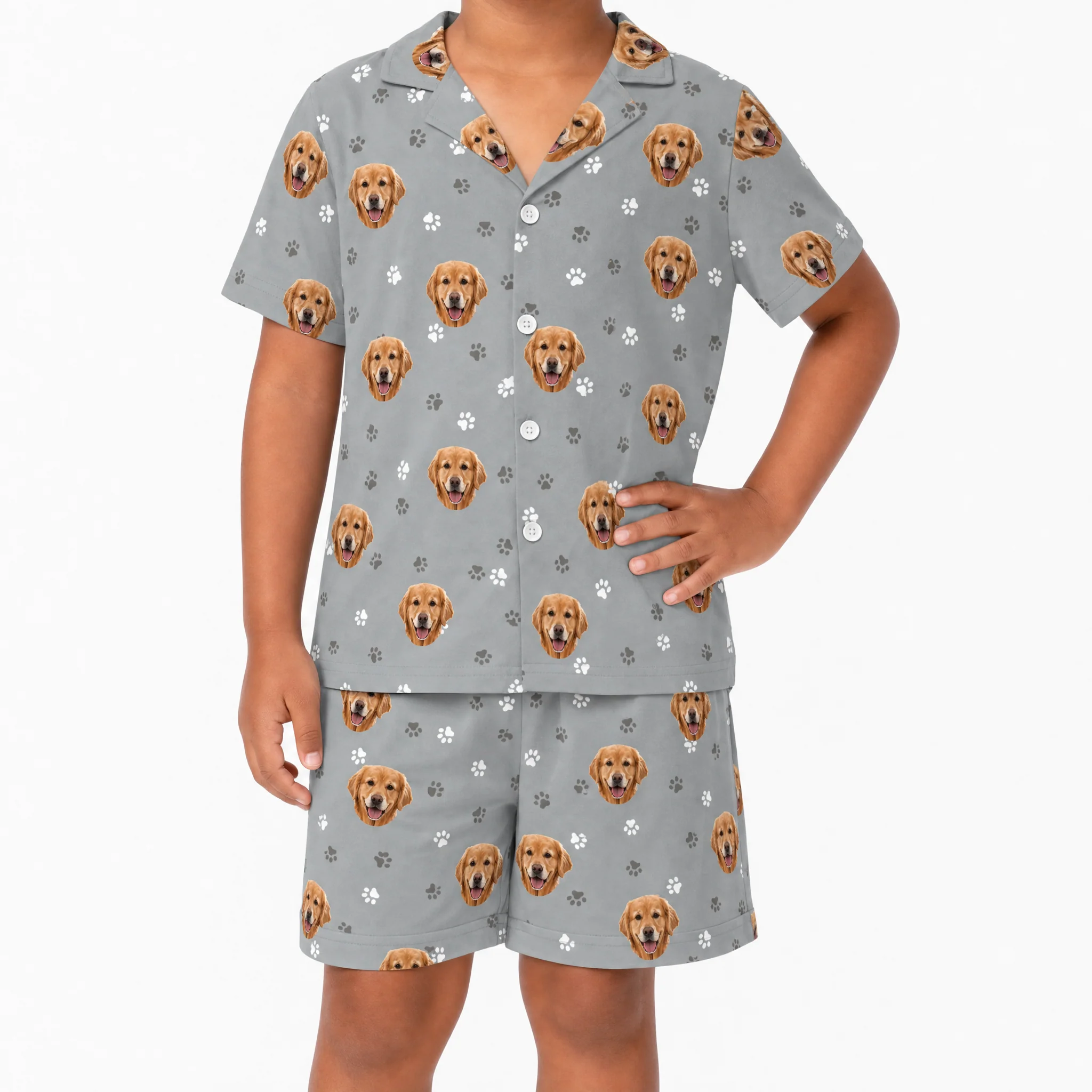 Kids Custom Pet Face Pajamas - Slate Gray Paws - Image 3