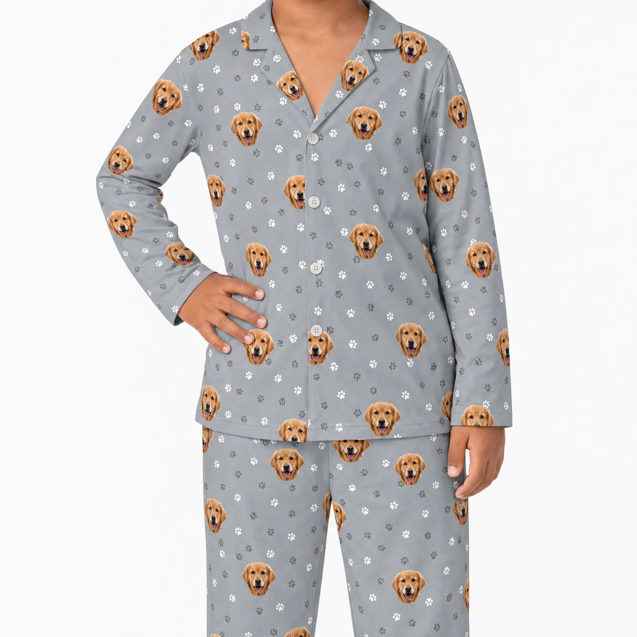 Kids Custom Pet Face Pajamas - Slate Gray Paws - Image 4
