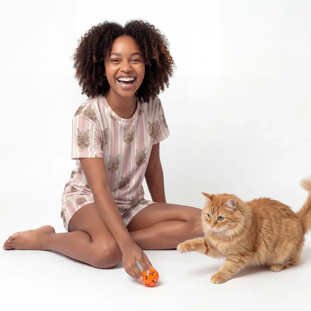 Relaxed T-Shirt Pajama Set | Pet Face Pajamas - Terracotta Stripes - Image 2