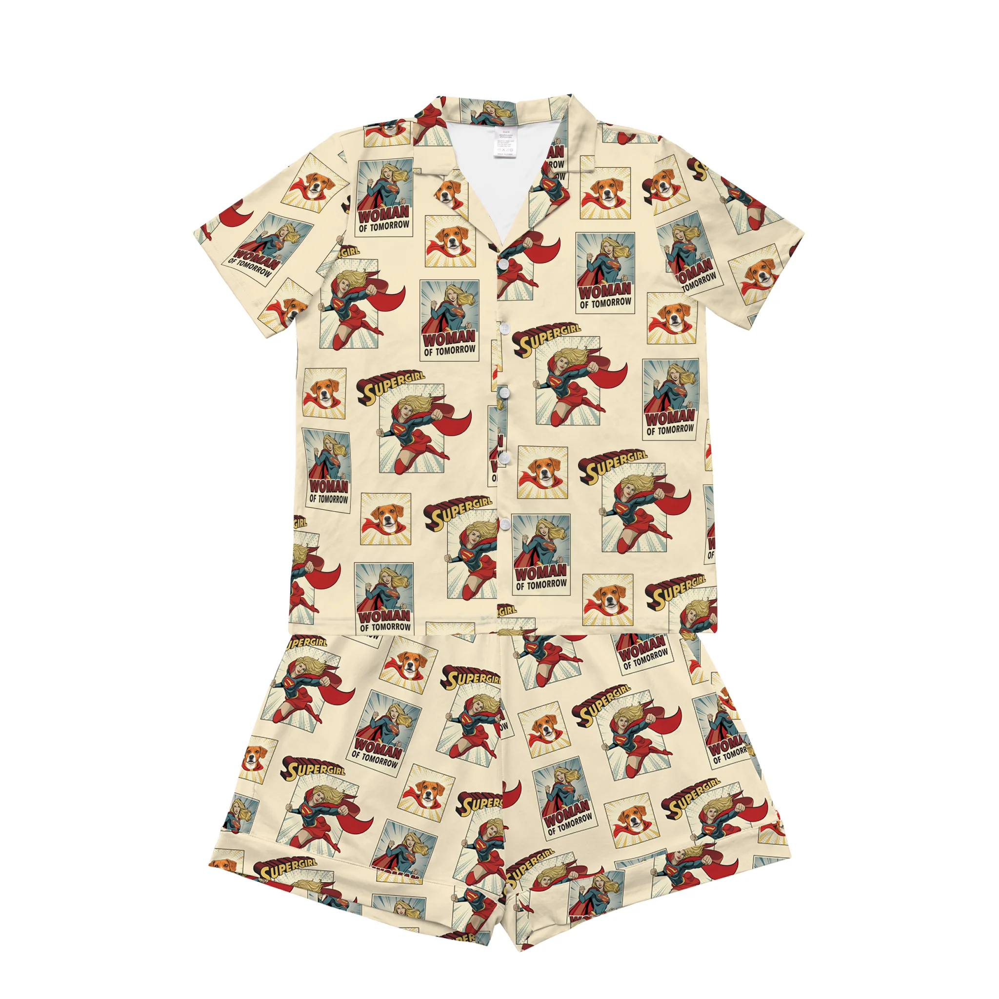 Supergirl Adult Button Down Pajamas with Your Pet's Face - Supergirl Comic Book