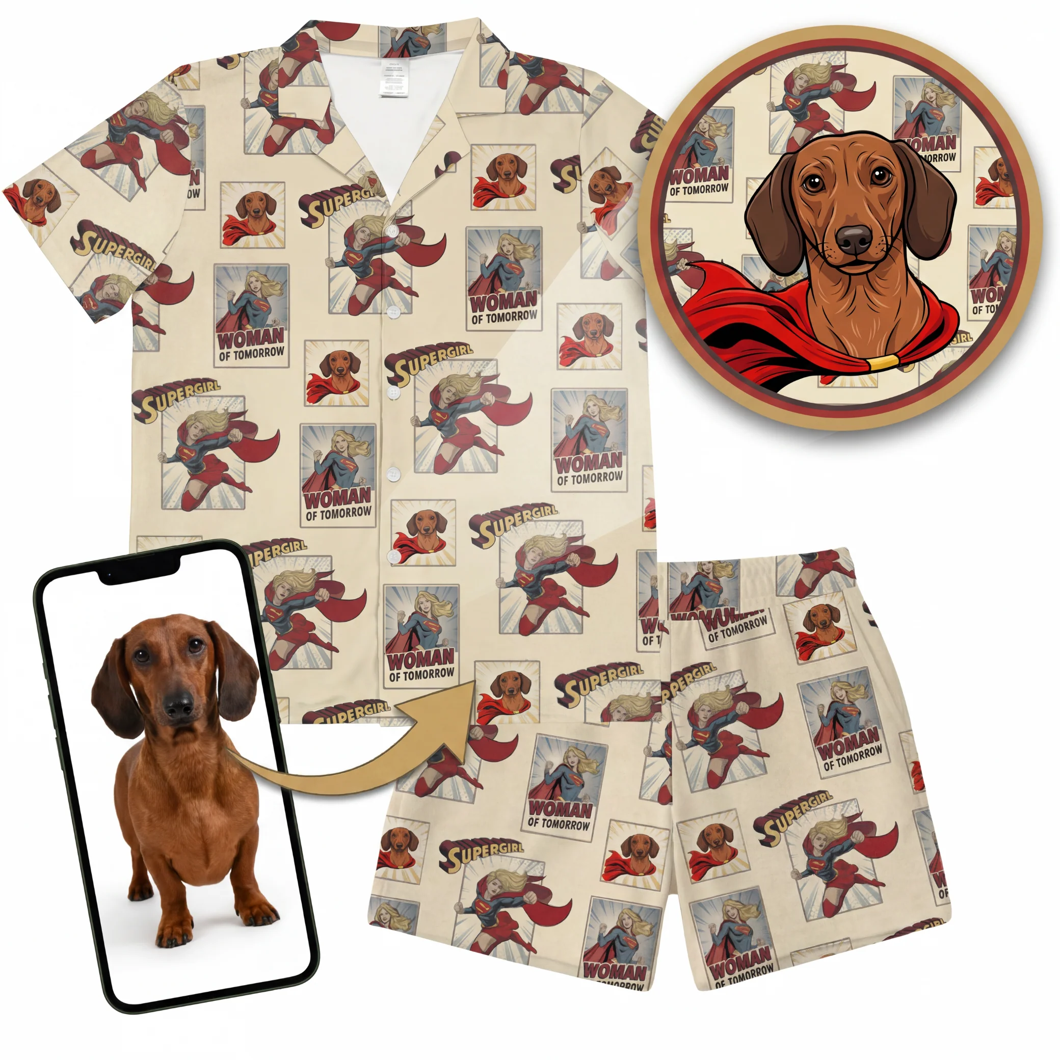 Custom Supergirl Pajamas: Women’s Button Down Set with Your Pet’s Face