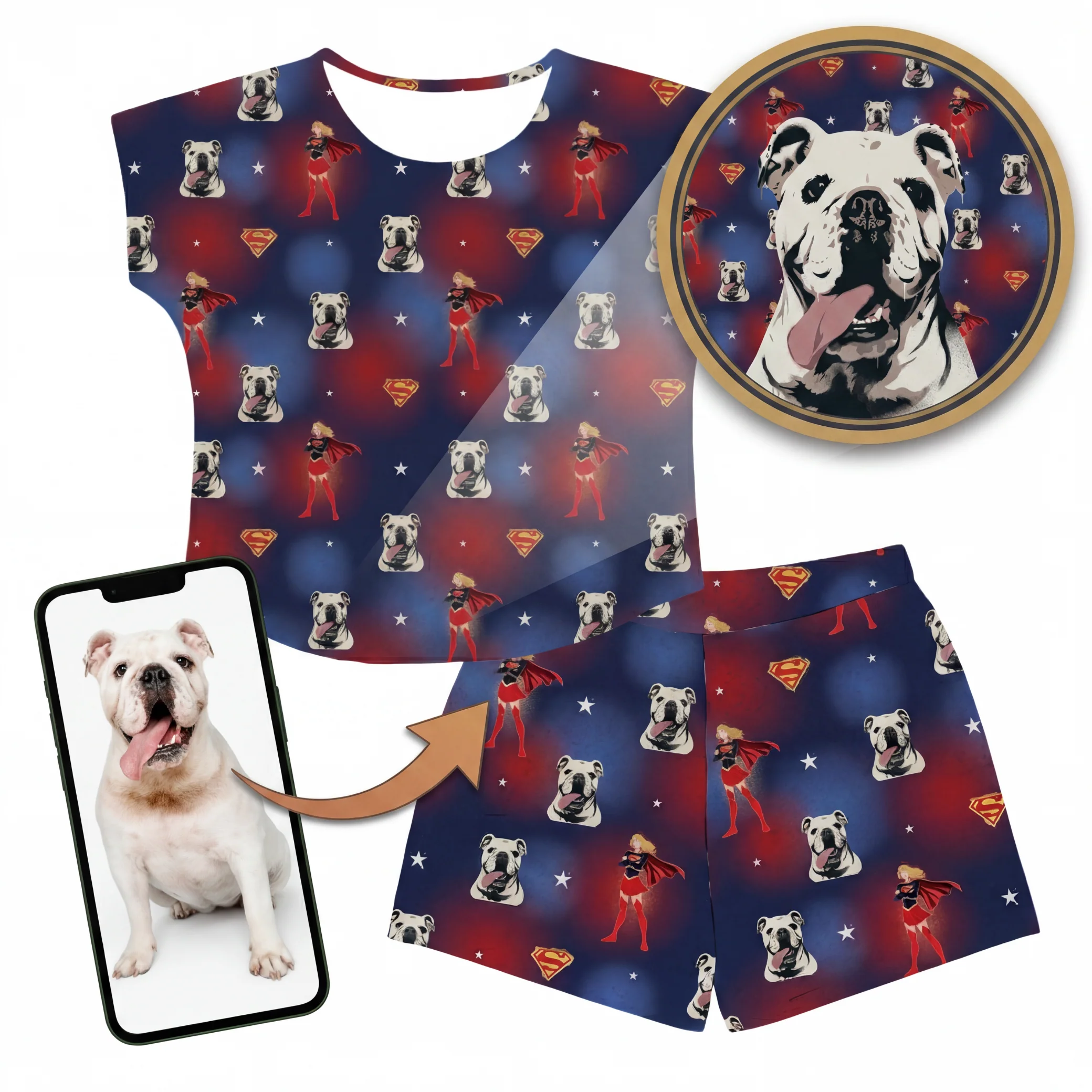 Custom Supergirl Pajamas: Women’s Fitted T-Shirt Set with Your Pet’s Face
