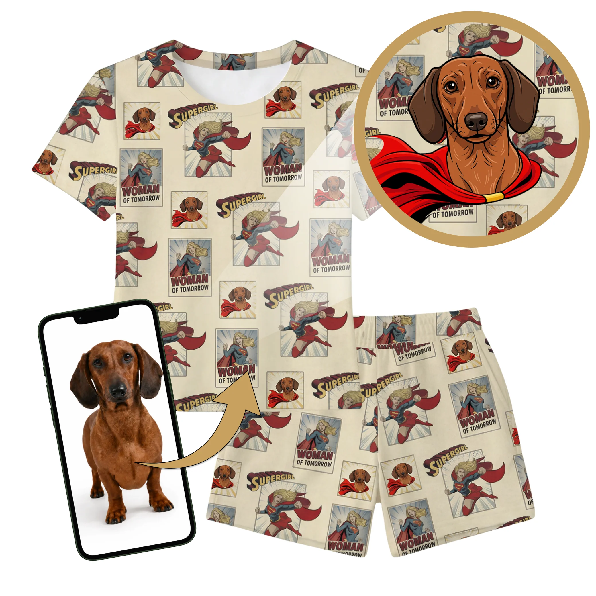 Custom Supergirl Pajamas: Relaxed T-Shirt Set with Your Pet’s Face