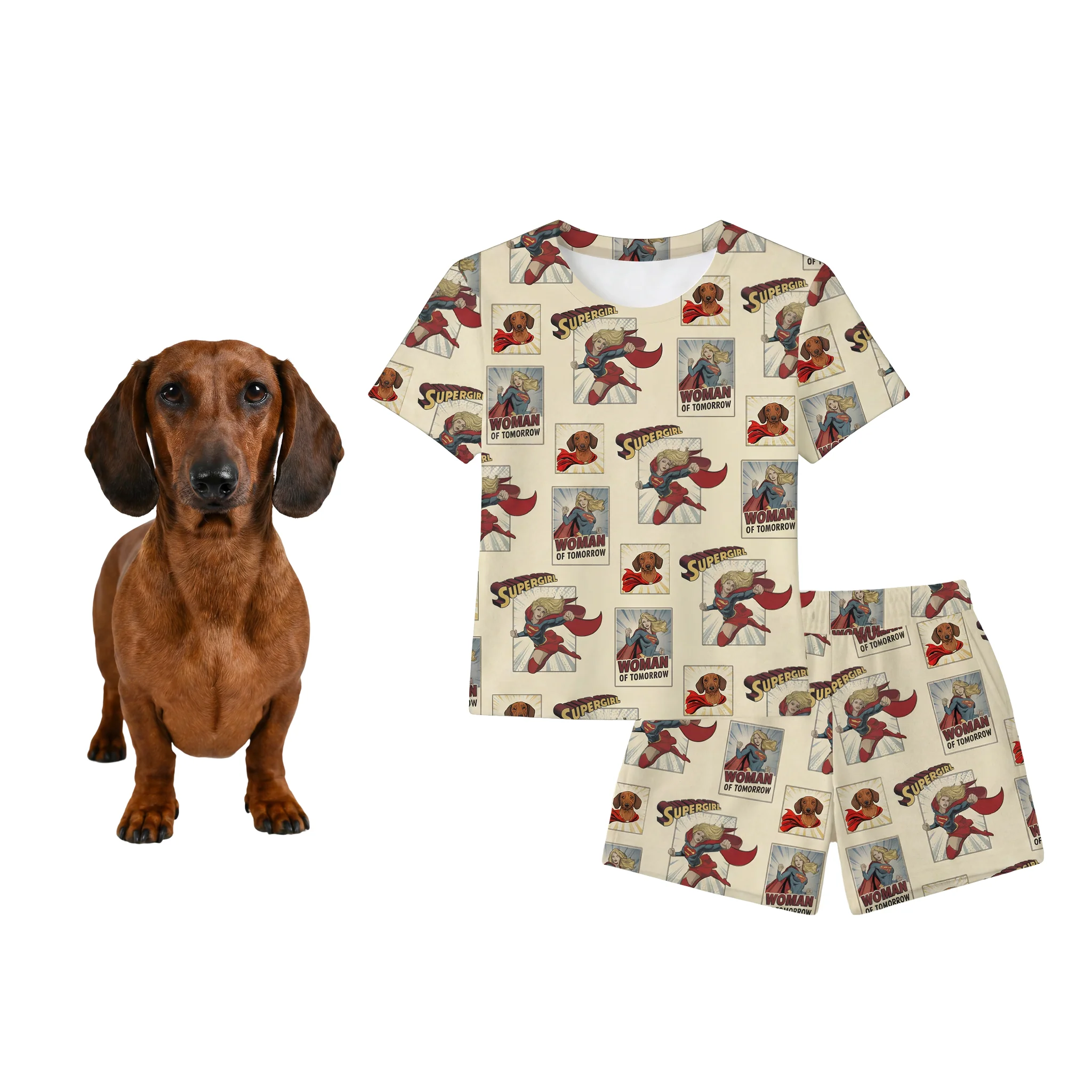 Custom Supergirl Pajamas: Relaxed T-Shirt Set with Your Pet’s Face - Image 5